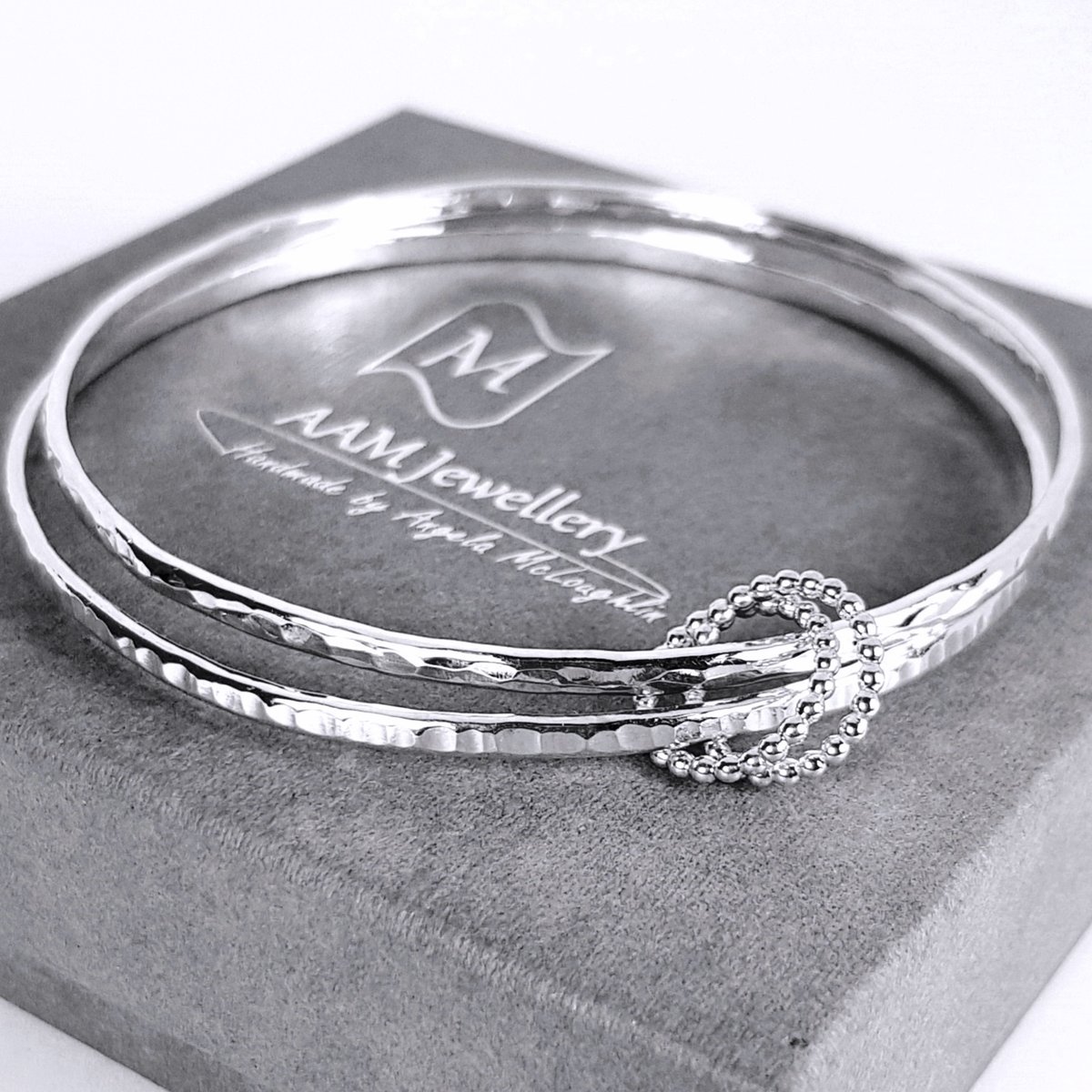 Image of Sterling Silver Two Bangle Set, Handmade Silver Bangles with Beaded Rings