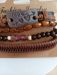 Image 1 of  Leather Wooden Bead Love Bracelet Set Unisex