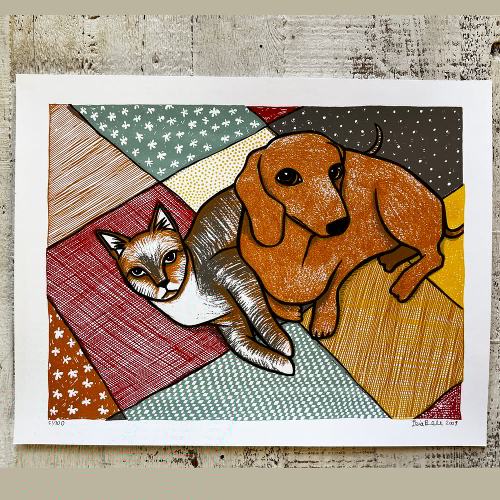 Image of DACHSHUND AND CAT ON A QUILT ART PRINT