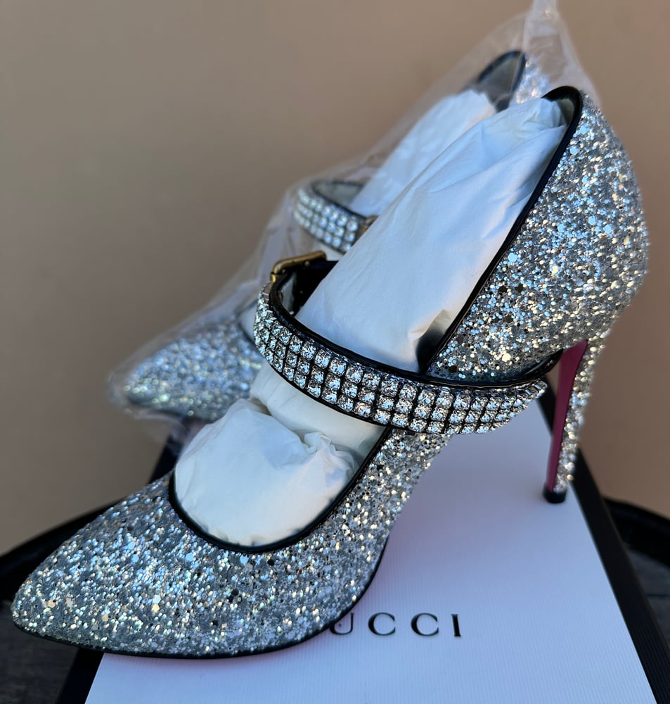 Image of Gucci Sylvie Glitter Mary Jane Heels 