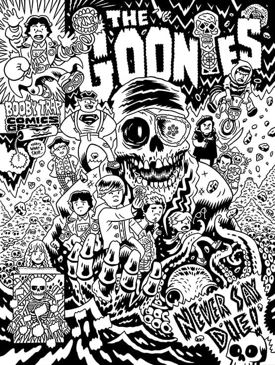 Image of "The Goonies" for Mondo screen print. Original B/W illustration.