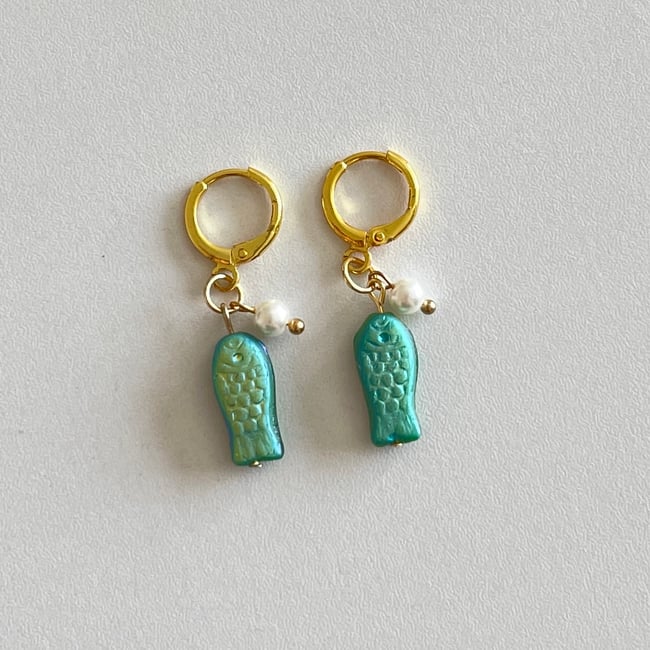 'pearly green fish' huggie hoop earrings