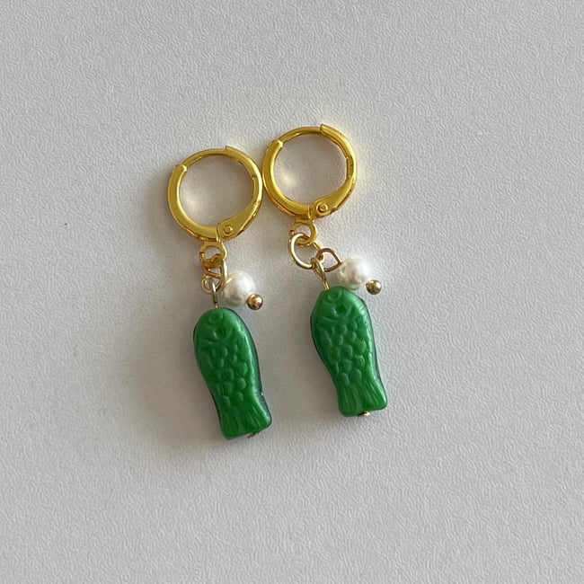 'pearly green fish' huggie hoop earrings