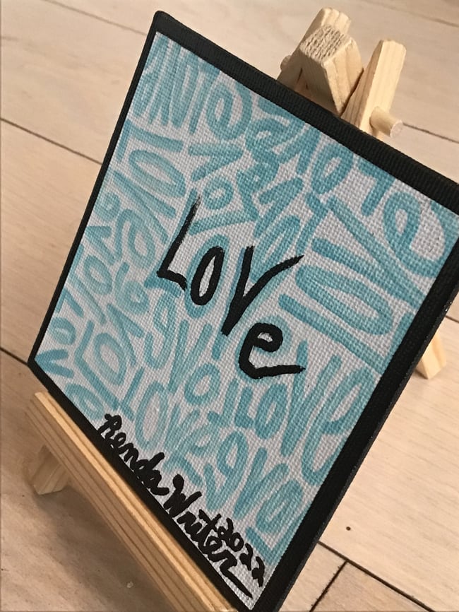 4” x 4” Canvas Panel with Easel • Love • Light Blue & Black