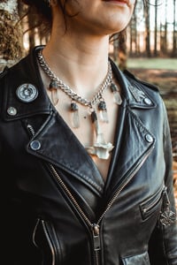 Image 3 of Silver capped Quartz Crystal and Bone charivari necklace