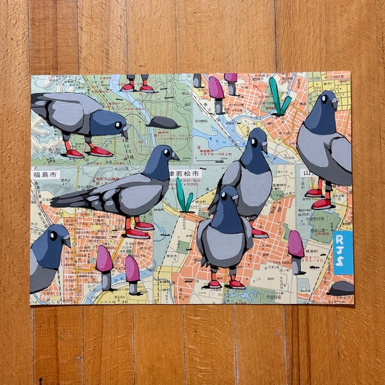 Image of Pigeons wearing red slippers / unframed original painting
