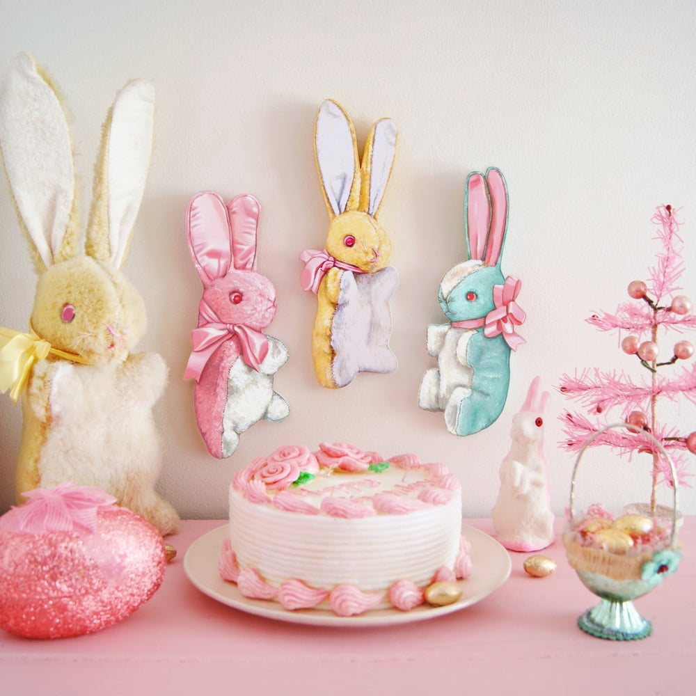 Image of Vintage inspired stuffed Bunny plaque (pink, blue, or yellow) 