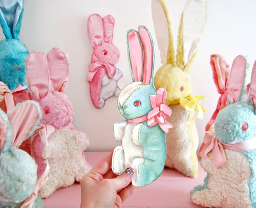 Image of Vintage inspired stuffed Bunny plaque (pink, blue, or yellow) 