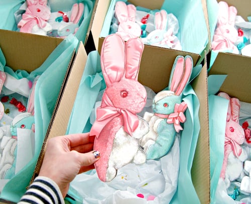 Image of Vintage inspired stuffed Bunny plaque (pink, blue, or yellow) 