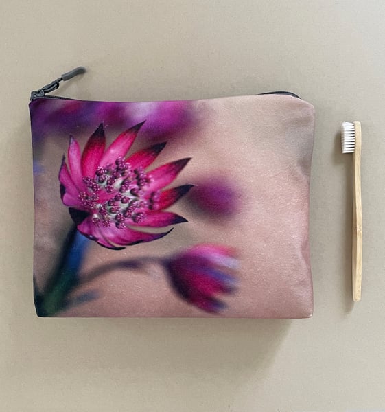 Image of Pink astrantia, LARGE travel bag, make-up, toiletries zipper pouch