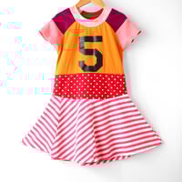 Image 1 of orange dot stripe five 5 5th fifth bday party birthday courtneycourtney upcycled twirly dress