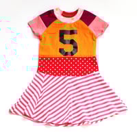 Image 2 of orange dot stripe five 5 5th fifth bday party birthday courtneycourtney upcycled twirly dress