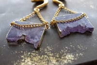 Image 2 of Ear Weights - Amethyst Slice - For Stretched Ears - Ear Hanger Hooks - PAIR Golden Ear Weights