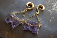 Image 4 of Ear Weights - Amethyst Slice - For Stretched Ears - Ear Hanger Hooks - PAIR Golden Ear Weights