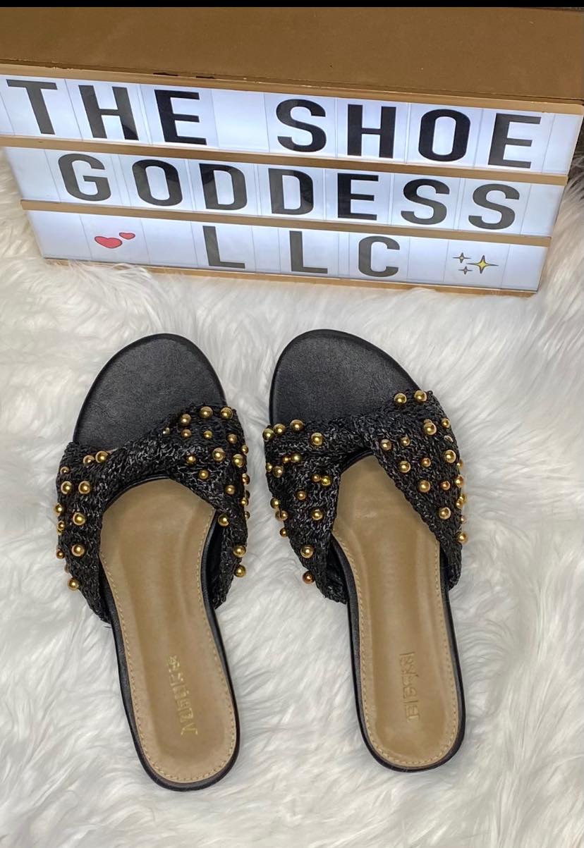 "Bria" Black Beaded Twist Sandals with Gold Studs
