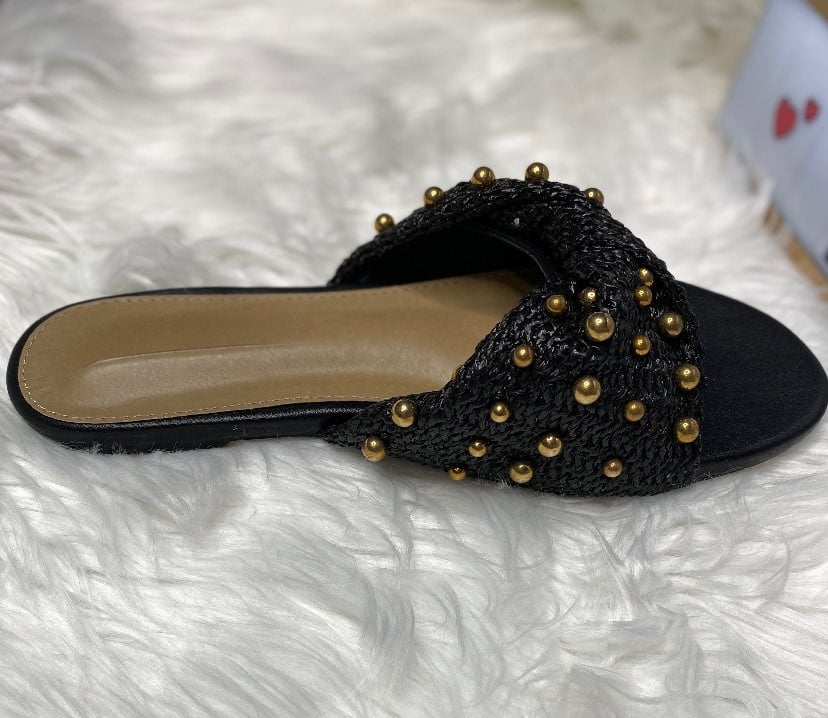"Bria" Black Beaded Twist Sandals with Gold Studs