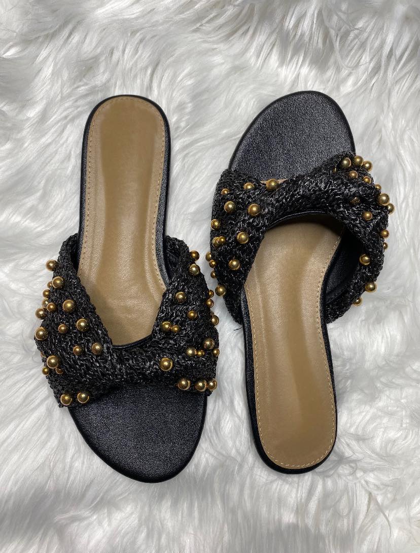 "Bria" Black Beaded Twist Sandals with Gold Studs