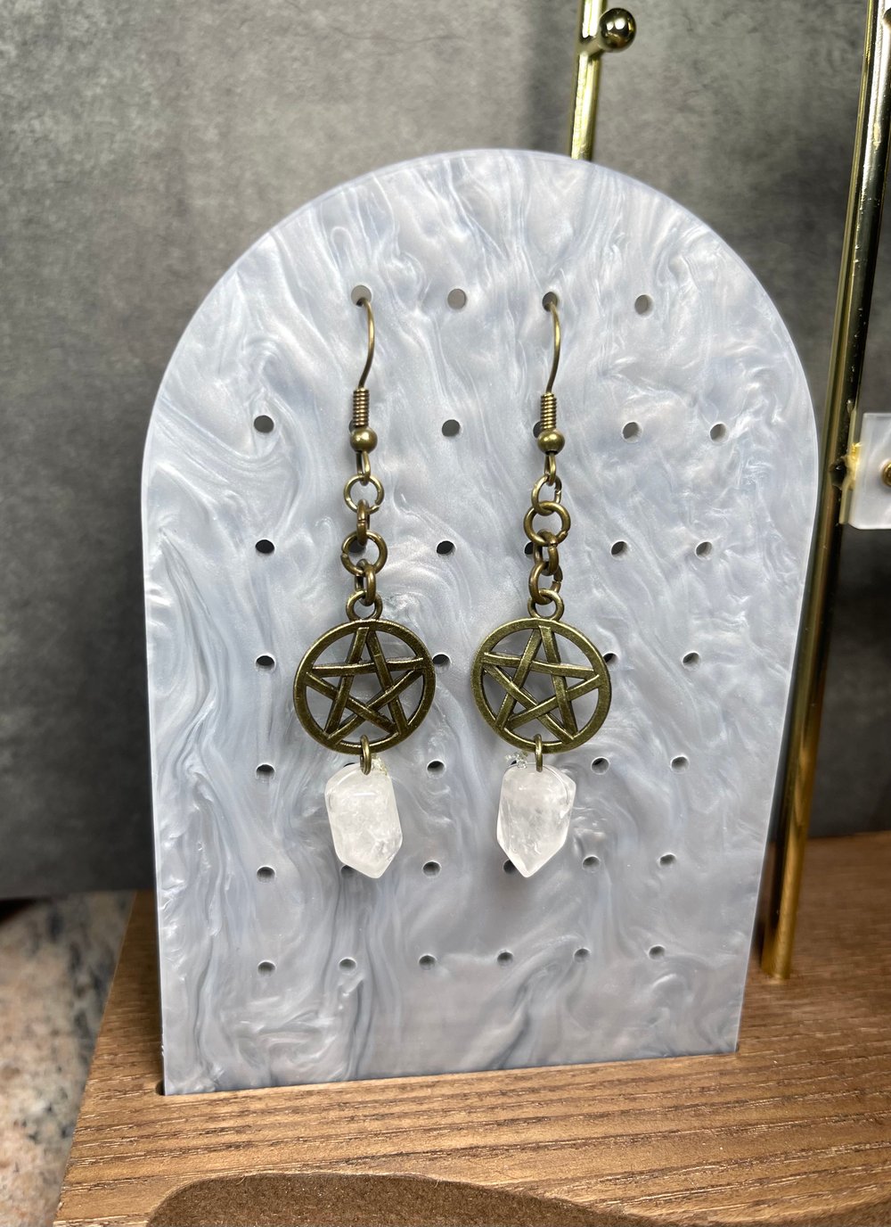 Image of Bronze Pentacle & Quartz Earrings