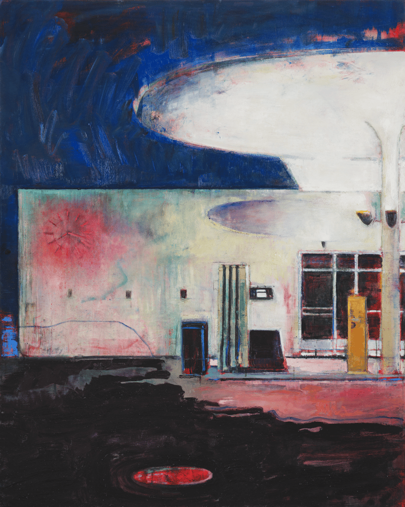 Image of Painting / maleri / "Charlottenlund – Malerdrømme og tankestreger – Benzinstation" / 120x150 cm