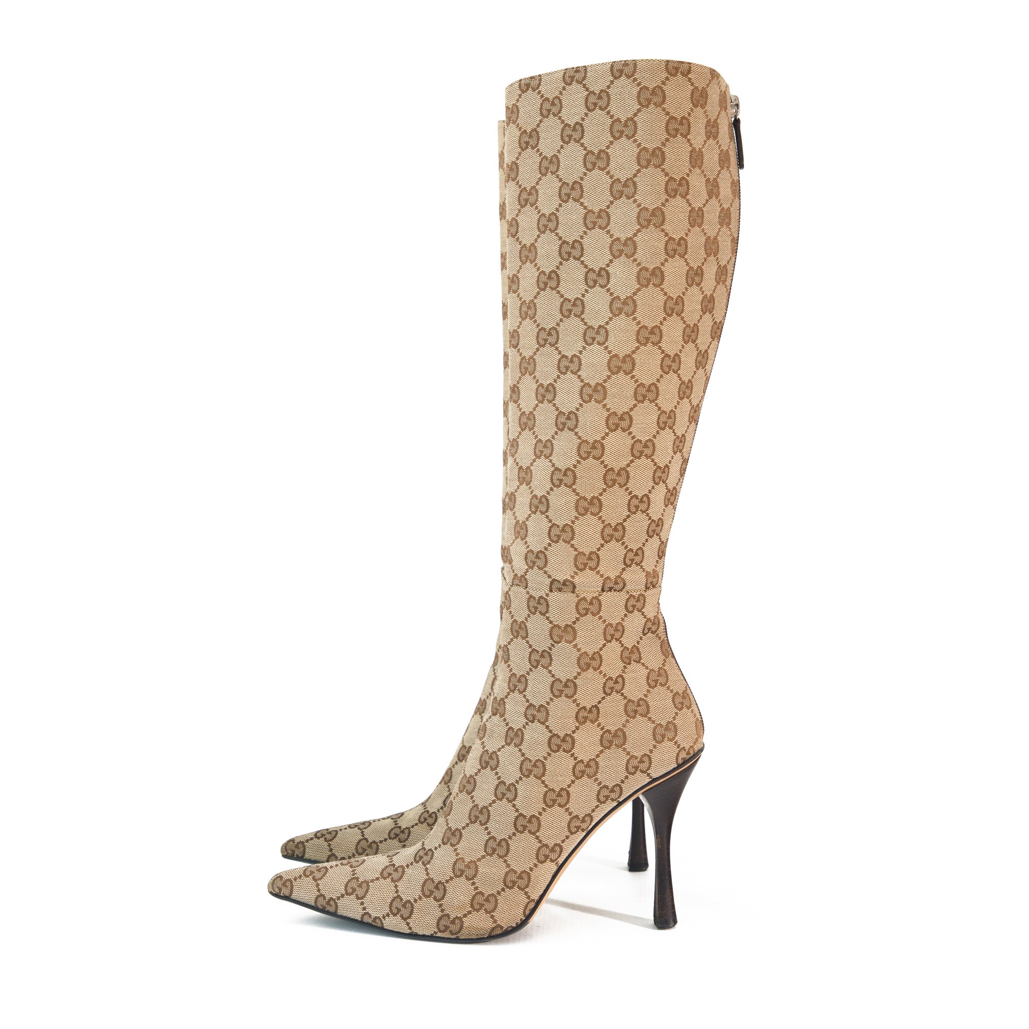 Image of Gucci Monogram Canvas Pointed Knee High Boots