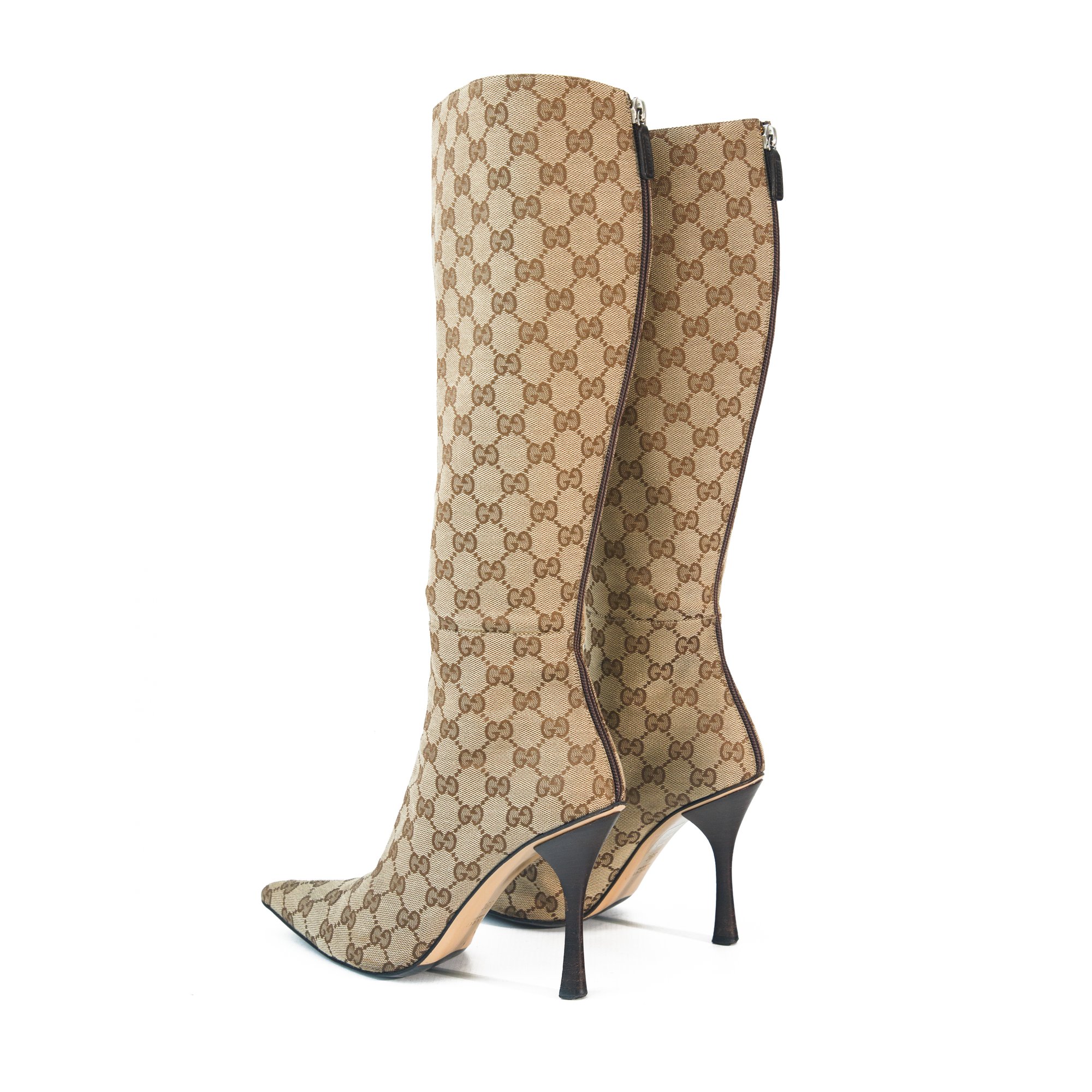 Image of Gucci Monogram Canvas Pointed Knee High Boots