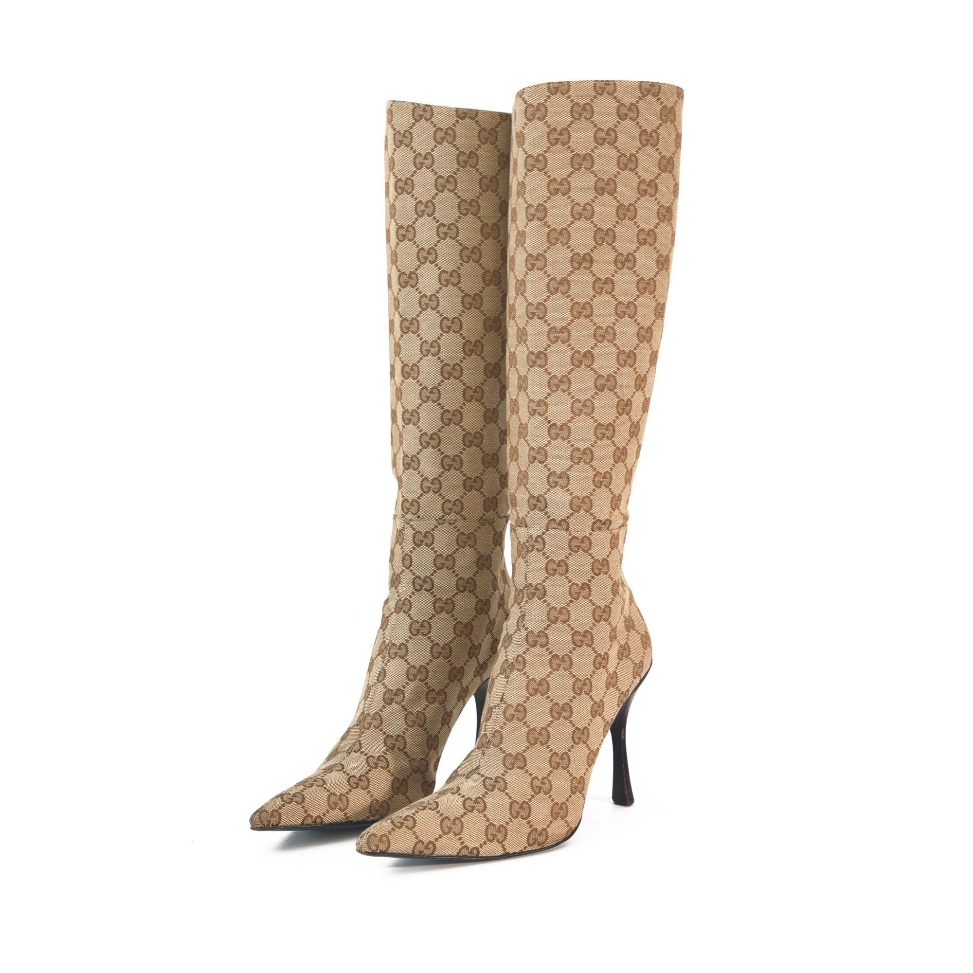 Image of Gucci Monogram Canvas Pointed Knee High Boots
