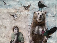 Image 1 of Bear, birds , and woman -imaginative  painting on canvas 