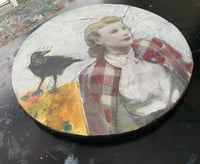 Image 2 of Woman and crow a vintage inspired painting on round canvas