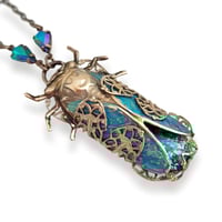 Image 1 of Cicada Necklace in Brass with Czech Glass Green Opal - Art Deco Insect Jewelry