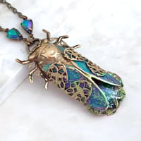 Image 7 of Cicada Necklace in Brass with Czech Glass Green Opal - Art Deco Insect Jewelry