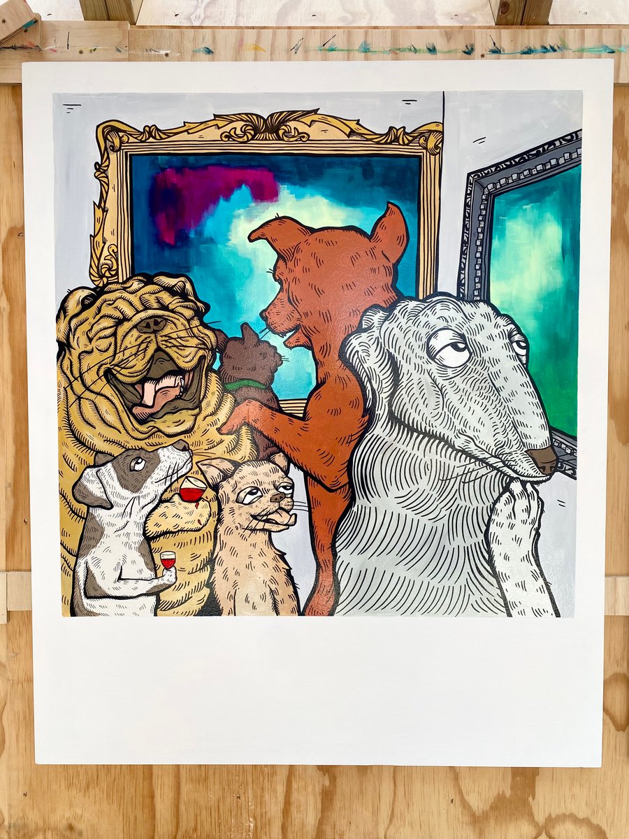Image of ‘Canine Critics’  original painting from ‘Polarodds’ series
