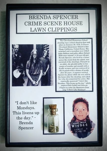 Image of Brenda Spencer "I Don't Like Mondays" Crime Scene Lawn Clippings Frame