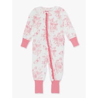 Image 1 of Baby Girls Pink Butterfly Garden Toile Bamboo Viscose Convertible Ruffle One Piece Pajama