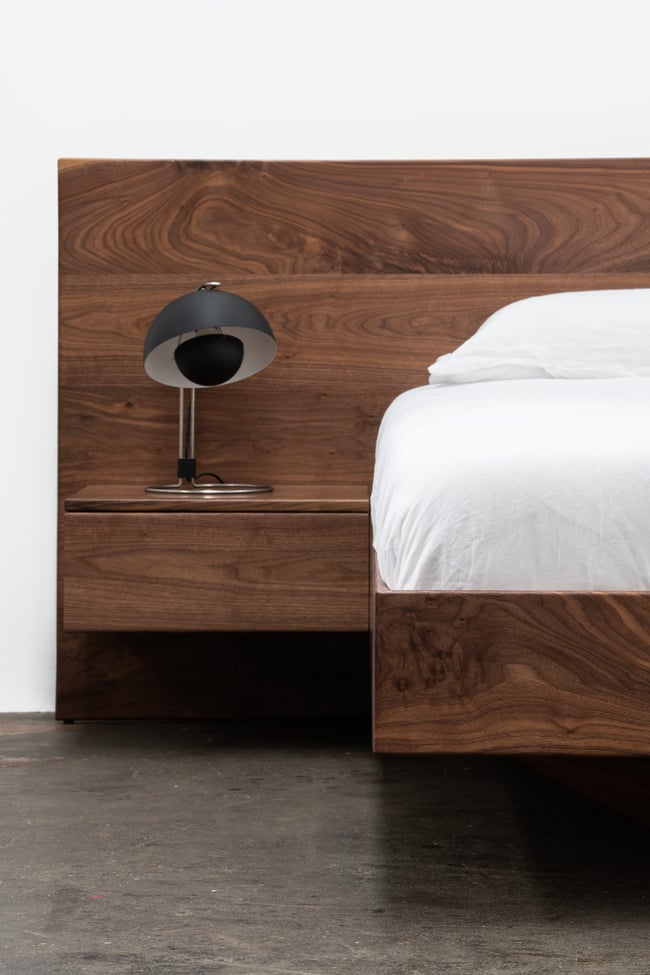 FLOATING BED WITH SOFT CLOSE DRAWERS IN AMERICAN WALNUT