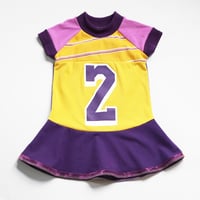 Image 1 of gold yellow purple courtneycourtney two 2T 2 second 2nd birthday bday short sleeve dress