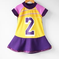 Image 3 of gold yellow purple courtneycourtney two 2T 2 second 2nd birthday bday short sleeve dress