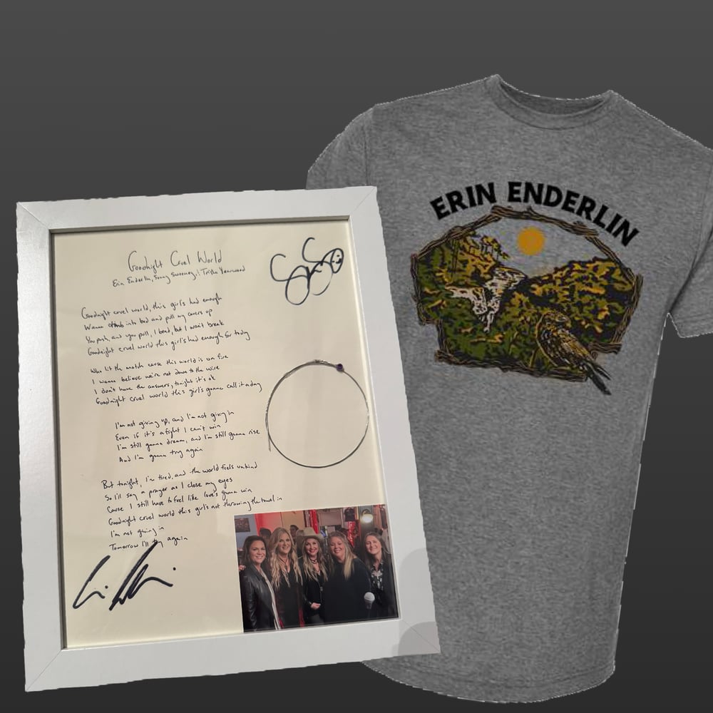 Image of Lyric signed by Erin & Sunny, guitar string from Bluebird w/Trisha Yearwood + tee