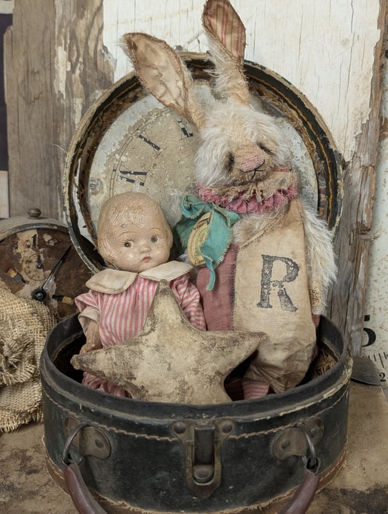 Image of 11" - tip of ears -  Vintage Shabby Cream Mohair Bunny Rabbit by Whendi's Bears..