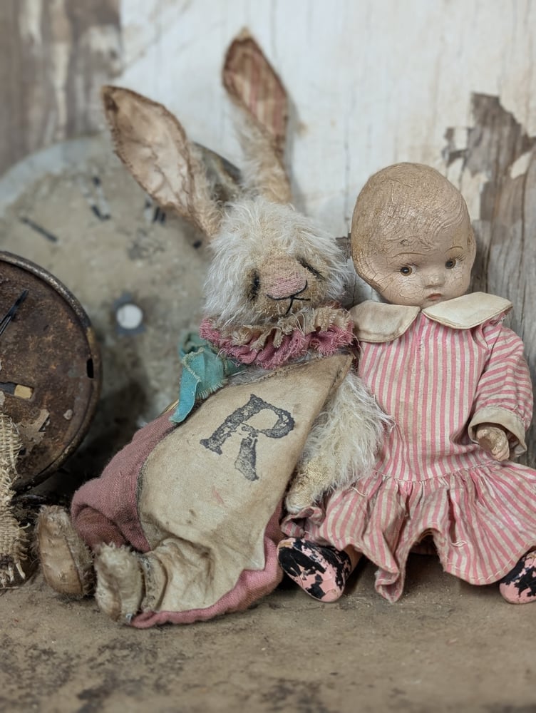 Image of 11" - tip of ears -  Vintage Shabby Cream Mohair Bunny Rabbit by Whendi's Bears..