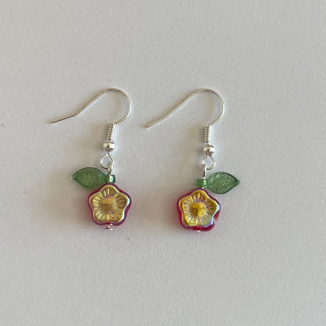 glass camellia flowers silver fish hook earrings