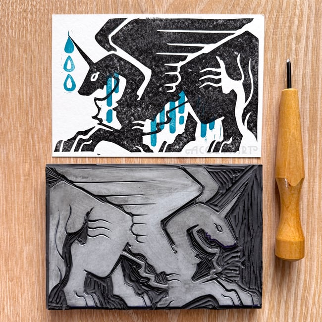 Unicorn Dragon Linoprint