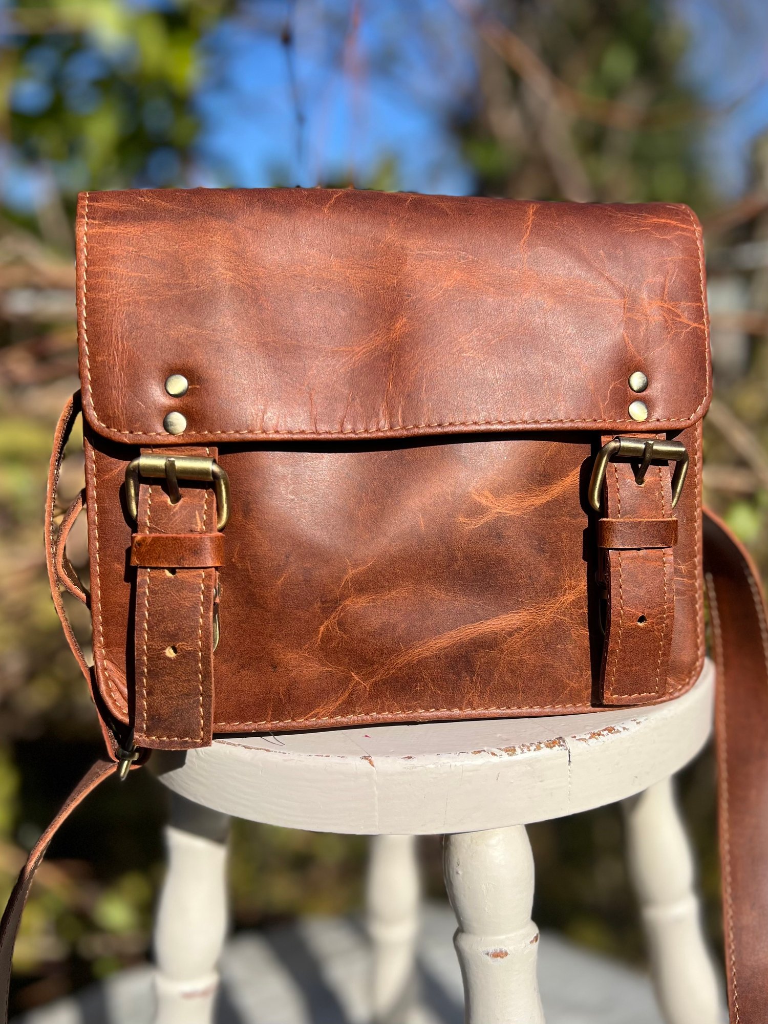 Image of 9”x7” - Small Handmade Leather Buckled Satchel - square, no pocket