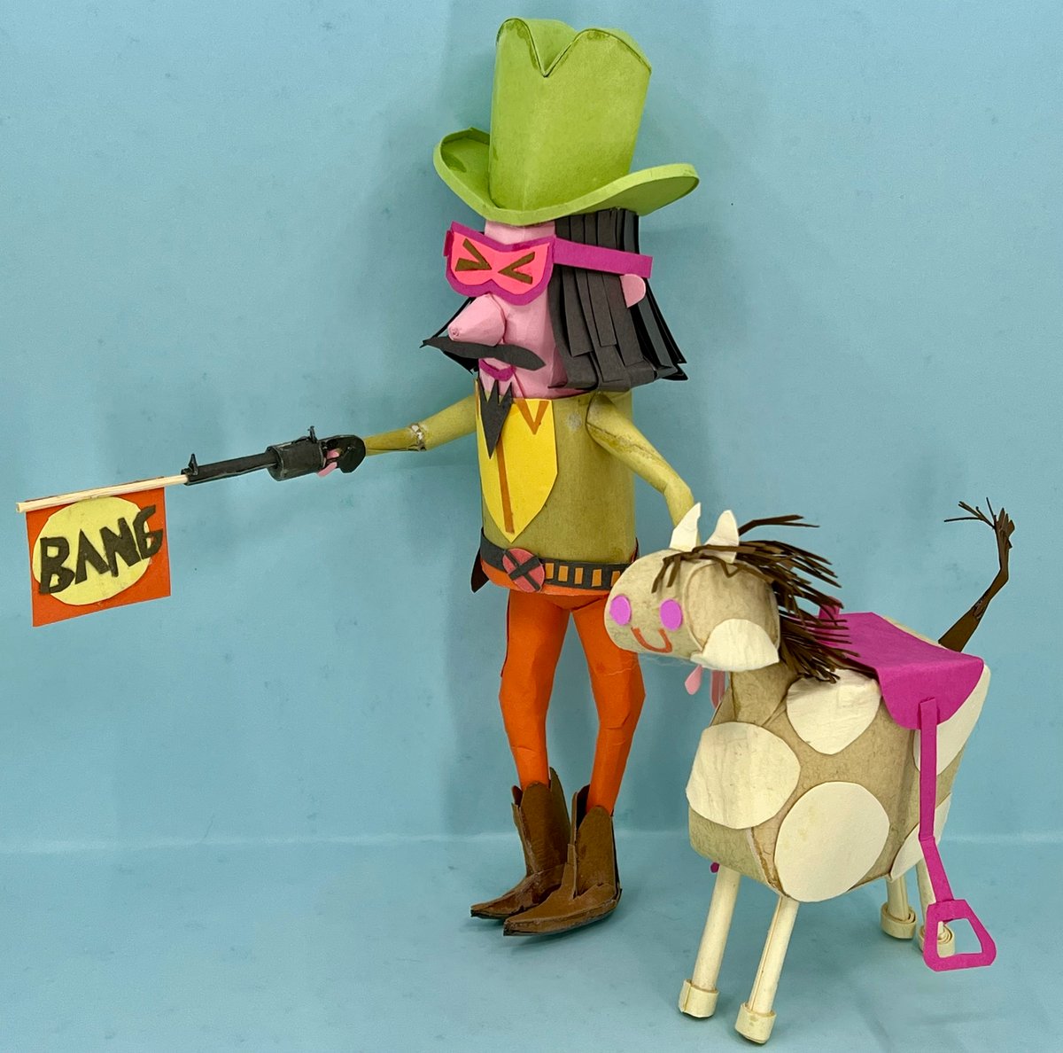 Image of Tex and his trusty steed, Sluggish - original paper sculpture