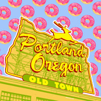 Doughnuts over Old Town Portland Oregon Sticker