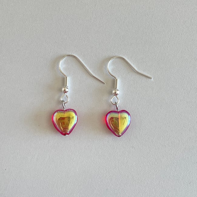 glass hearts silver fish hook earrings