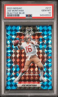 Image 1 of 2023 Panini Mosaic 217 Joe Montana Reactive Blue Prizm FRESH SLAB! LOW POP!