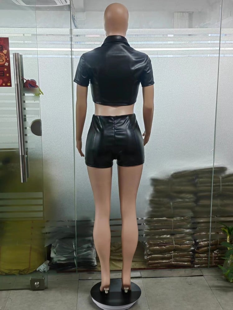 Image of “Mya” Black Leather Two Piece Short Set 
