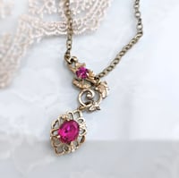 Image 3 of Art Nouveau Necklace with Vintage Bohemian Czech Glass Pendant in Ruby color