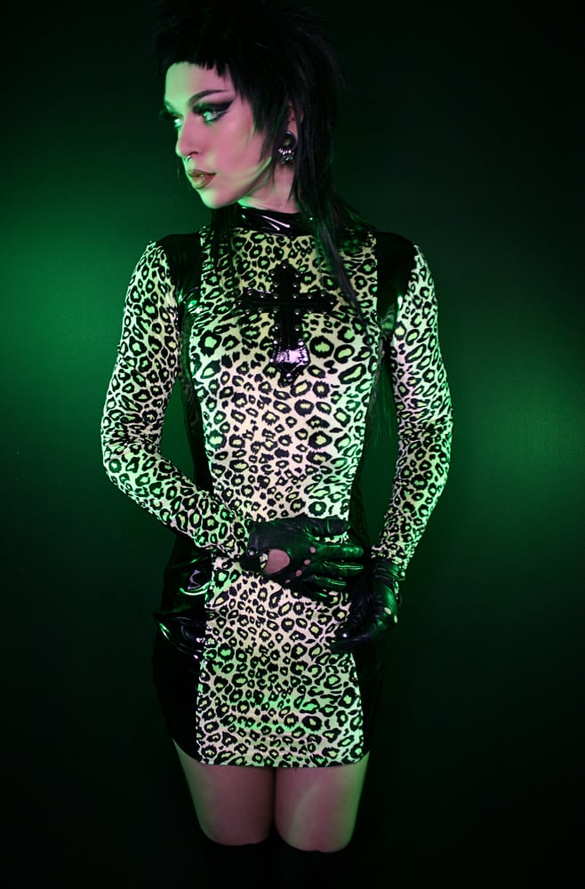 Image of GREEN LEOPARD AND LEATHER DRESS