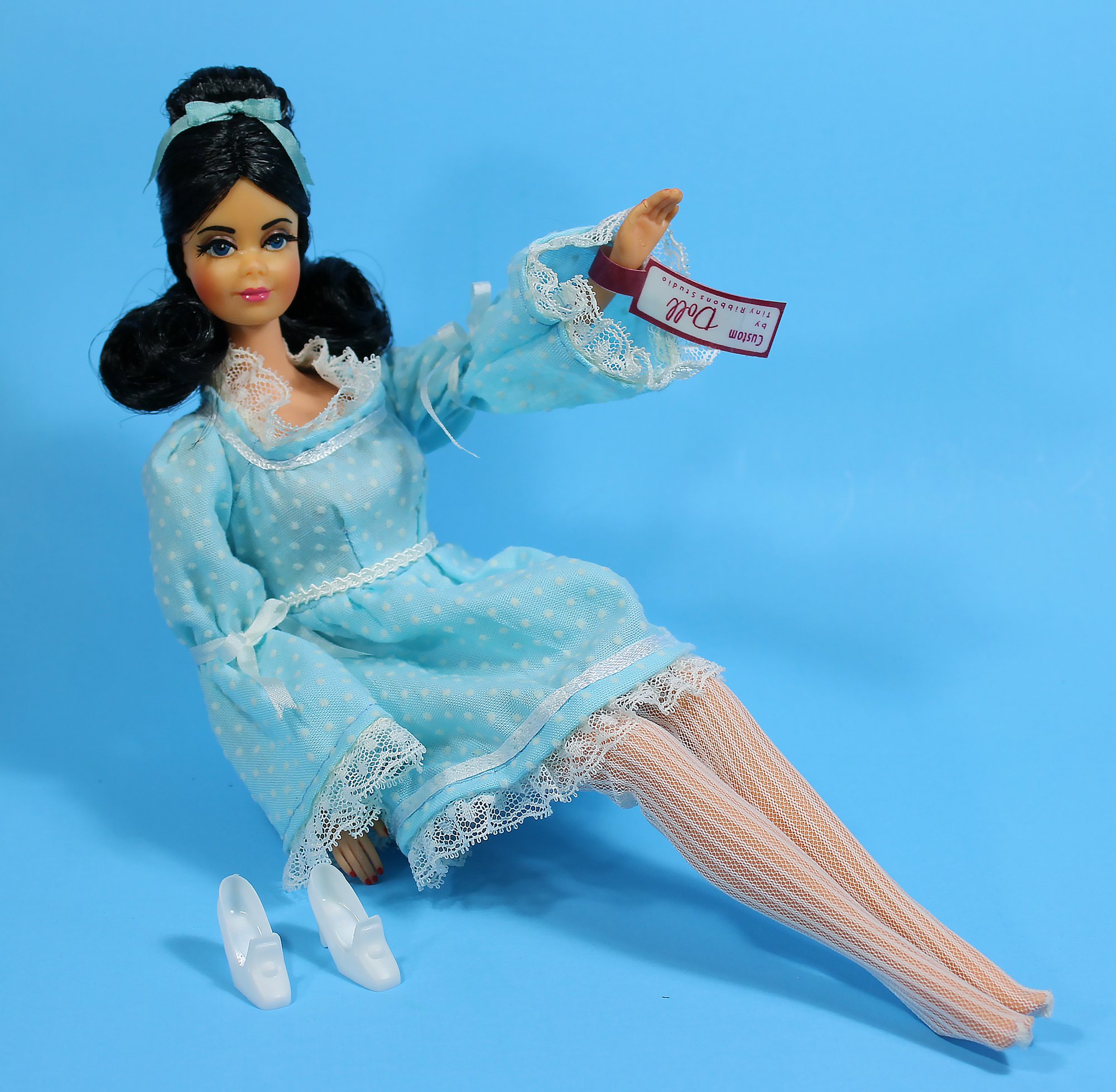 Raven Haired PJ Doll in Custom Blue Baby Doll Dress Tiny Ribbons Studio